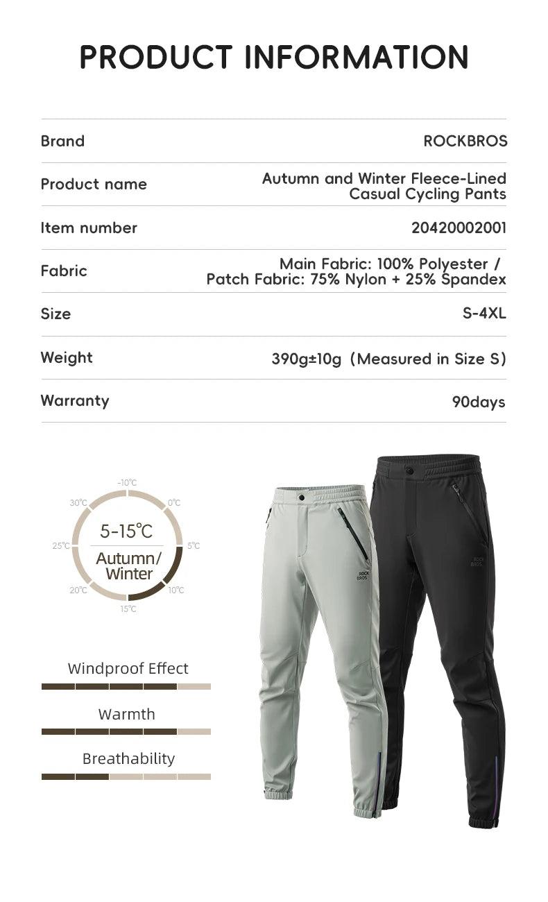 ROCKBROS Cycling Pants Windproof Warm Autumn Winter Bike Pants Fleece-lined Long Pants Riding Fitness Trousers Sport Equipment