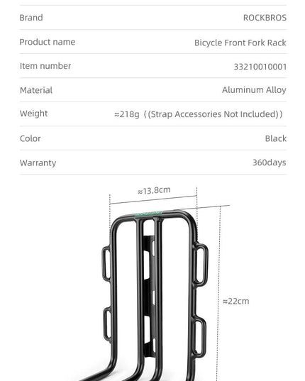 ROCKBROS Bicycle Front Fork Shelf With Bike Fork Bag MTB Road Cycling Racks Load Bearing Luggage 2.7LPortable Bike Bag Accessory