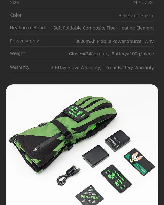 ROCKBROS Heat Skiing Gloves Electric Heated Gloves Winter Thermal Gloves Snowboard Cycling Motorcycle Bicycle Ski Outdoor Glove