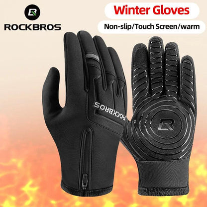 ROCKBROS Winter Warm Gloves Touch screen Cycling Gloves Full Finger MTB Bike Gloves Non Slip Silicone Palm Thermal Ski Gloves