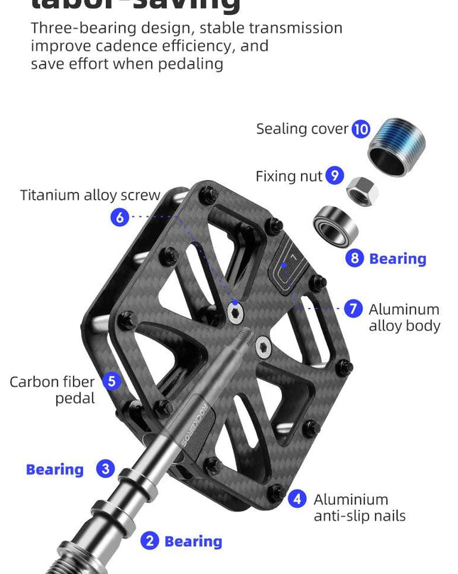 ROCKBROS Ultra-Light Carbon Fiber Pedals 3-Bearing MTB Bicycle Pedals Labor Saving Waterproof Anti-Slip Road Mountain Bike Pedal