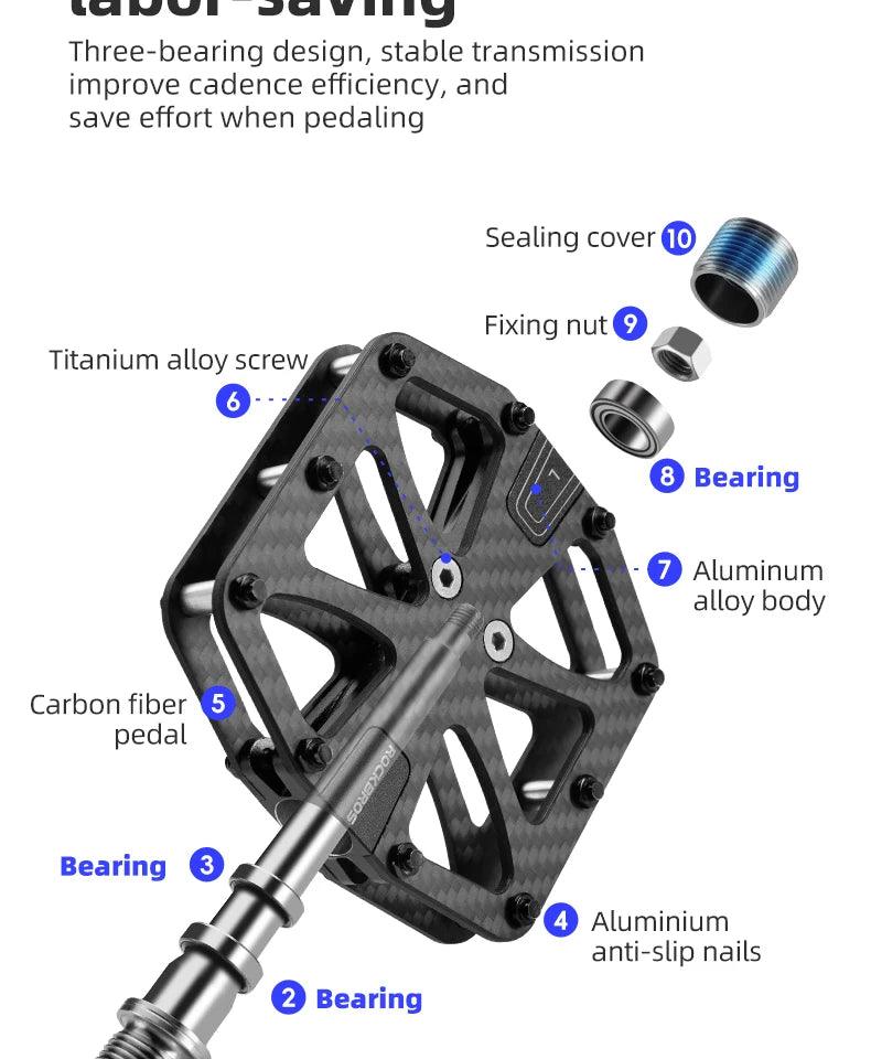 ROCKBROS Ultra-Light Carbon Fiber Pedals 3-Bearing MTB Bicycle Pedals Labor Saving Waterproof Anti-Slip Road Mountain Bike Pedal