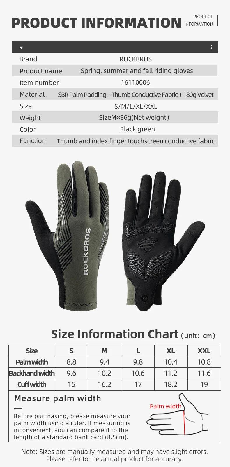 ROCKBROS Summer Cycling Gloves Breathable MTB Road Bike Non-slip Gloves Touch Screen Spring Full Finger Motorcycle Riding Gloves