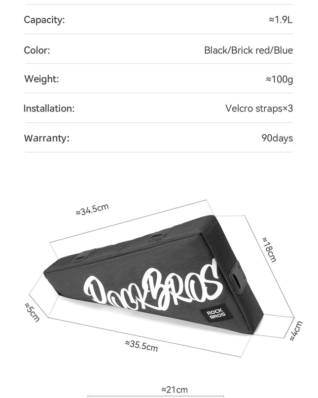 ROCKBROS Cycling Triangle Top Tube Bag Lightweight Bike Frame Pack for Tools and Accessories 1.9L large Capacity Triangle Bag
