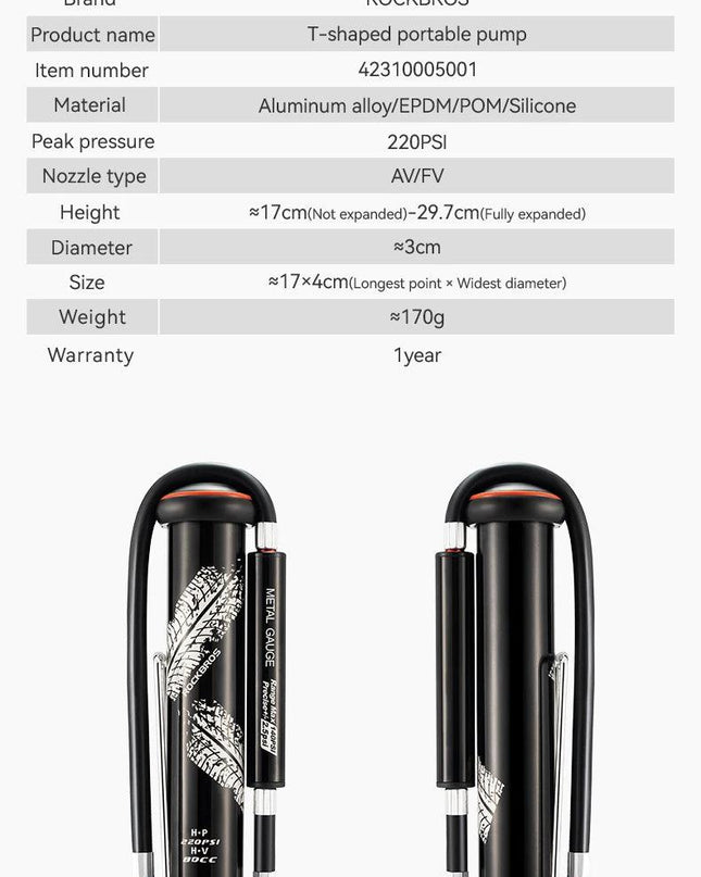 ROCKBROS Bicycle Pump 220PSI Mini Hand Air Pump Tire Inflator Schrader Presta Portable AV/FV MTB Bike Road Bike Accessories