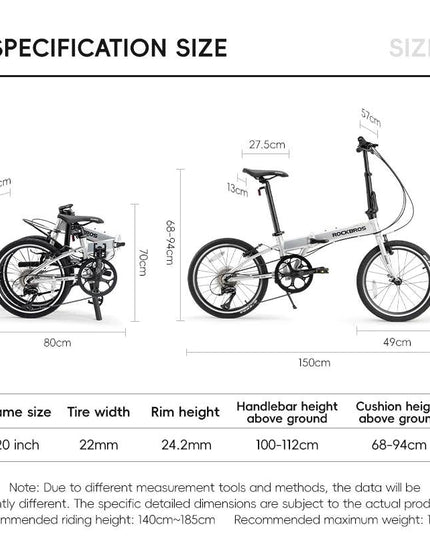ROCKBROS 20 inch Folding Bike with Shimano 8-speed Aluminium Alloy Frame V Brake Lightweight Adult Unisex Adjustable Bike