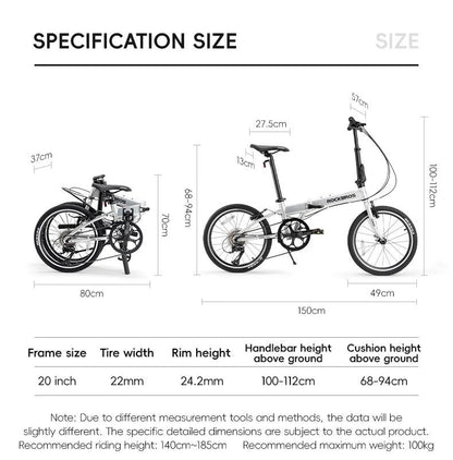 ROCKBROS 20 inch Folding Bike with Shimano 8-speed Aluminium Alloy Frame V Brake Lightweight Adult Unisex Adjustable Bike