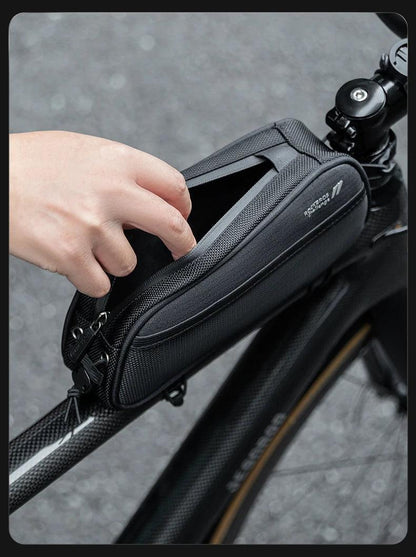 ROCKBROS Bicycle Bag 1.3L Portable Frame Front Tube Cycling Bag Waterproof MTB Road Bicycle Pannier Black With Headphone Jack