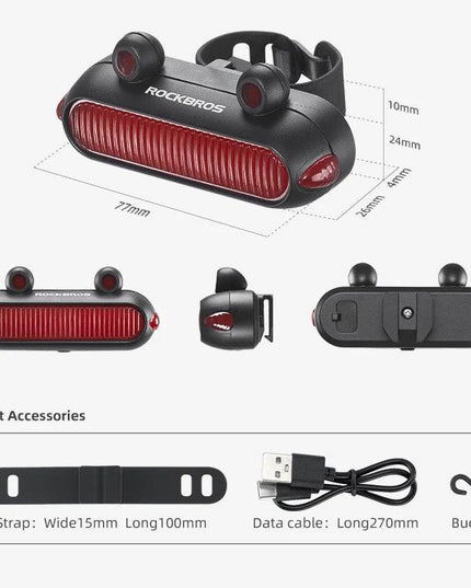 ROCKBROS Bike Rear Light IPX6 Bike Taillight LED Type-C Charging 5Modes Safety Warning Cycling Smart Taillight Rear Bicycle Lamp
