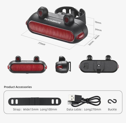 ROCKBROS Bike Rear Light IPX6 Bike Taillight LED Type-C Charging 5Modes Safety Warning Cycling Smart Taillight Rear Bicycle Lamp