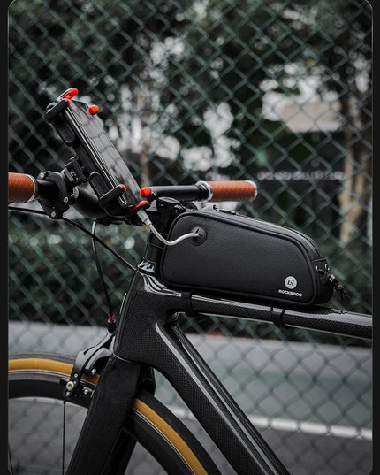 ROCKBROS Bicycle Bag 1.3L Portable Frame Front Tube Cycling Bag Waterproof MTB Road Bicycle Pannier Black With Headphone Jack