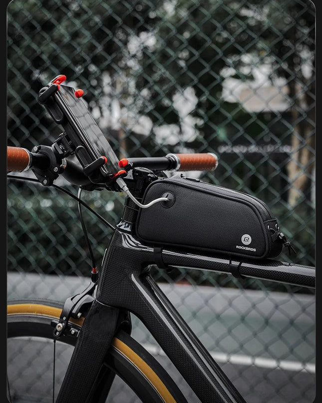 ROCKBROS Bicycle Bag 1.3L Portable Frame Front Tube Cycling Bag Waterproof MTB Road Bicycle Pannier Black With Headphone Jack