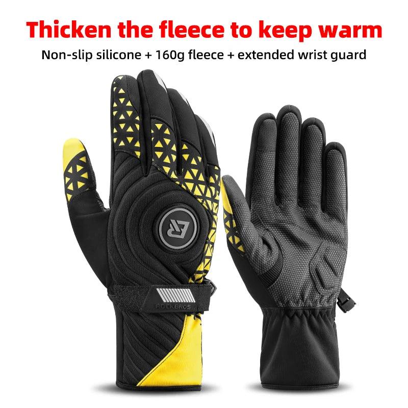 ROCKBROS Bicycle Gloves Winter Warm Motorcycle Full Finger Cycling Gloves Screen Touch Ski Sports Gloves Hiking Thermal Mitten