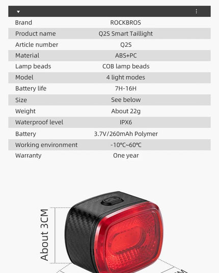 ROCKBROS Smart Bicycle Brake Light IPx6 Taillight Type-C Bike Tail Rear Light Auto Stop LED Riding Warning Safety Cycling Light