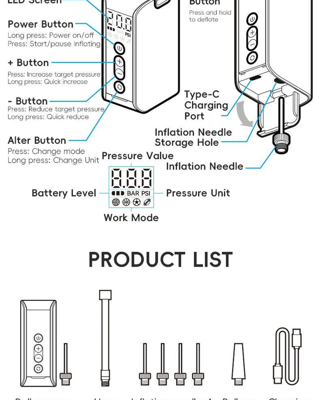 ROCKBROS Mini Electric Air Pump 20PSI Inflator for Balls Portable Type-C Rechargeable Inflator LED Digital Display Compressor