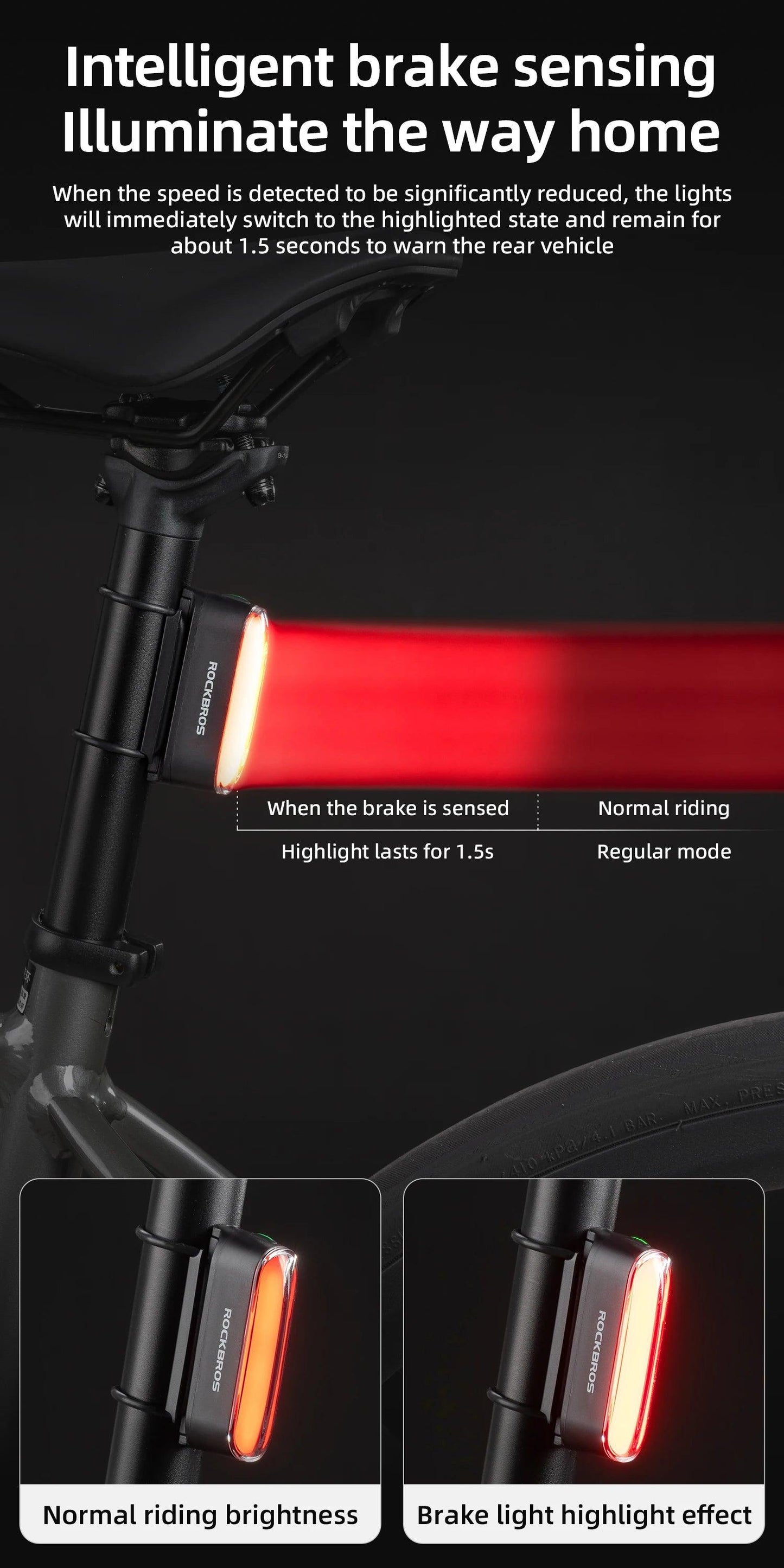 ROCKBROS Magnetic Bike Tail Light Type-C 7 modes Rechargeable LED Bicycle Rear Light for Night Riding Intelligent Brake Sensor