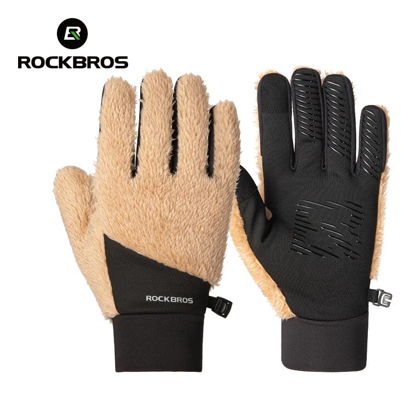 ROCKBROS Autumn Winter Ski Gloves Warm Windproof Gloves Cycling Snowboard Driving Double Layer Fleece-Lined Thickened Gloves