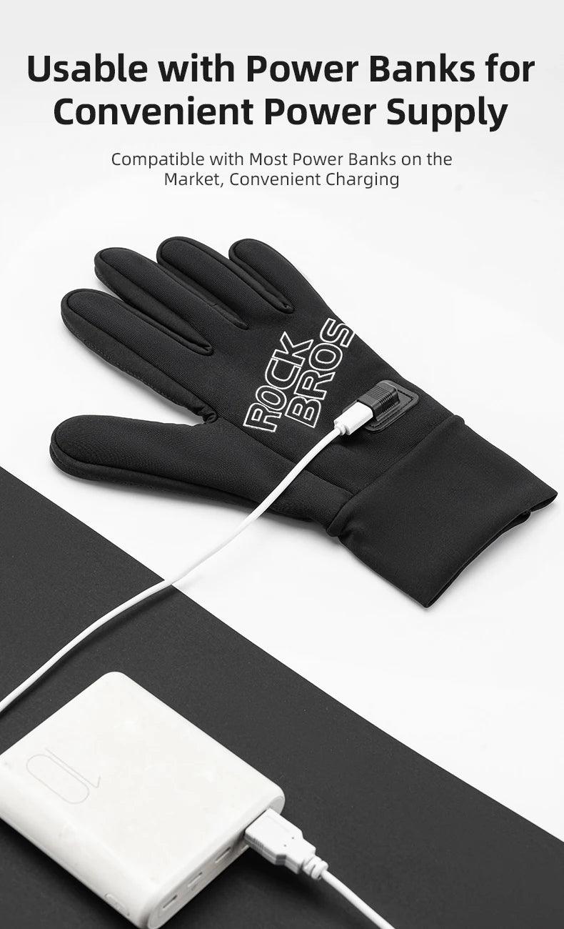 ROCKBROS Heated Gloves USB Rechargeable Touch screen Fingertips Large Heating Area Skiing Gloves Winter Warm Windproof Gloves