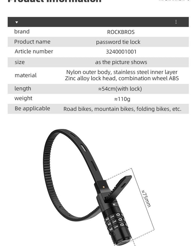 ROCKBROS Bicycle Lock 3 Digit Password Lock Anti-theft Portable Security Steel Chain Cycling Motorcycle Lock Bike Accessories
