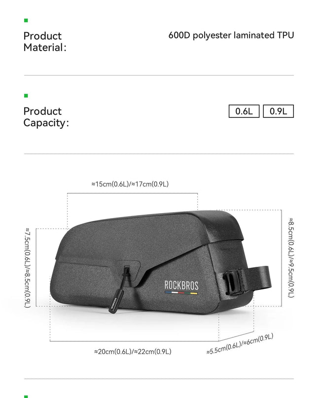 ROCKBROS Waterproof Bicycle Top Tube Bag Lightweight Bike Frame Pack Durable Cycling Storage Bag for Mountain and Road Bikes