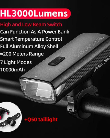 ROCKBROS 3000LM Bike Light Type-C Charging Front Lamp 10000mAh Bicycle Light IPX6 Aluminum Alloy Headlight Bike Accessories