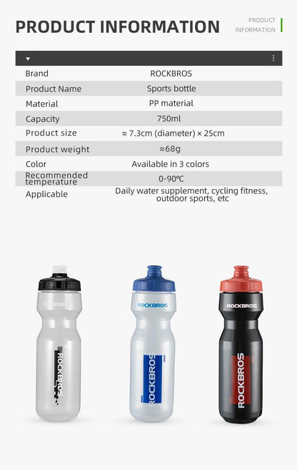 ROCKBROS Water Bottle 750ml Cycling Water Drink Bottle Outdoor Sports Travel Leisure Portable Kettle Water Bottle Drinkware