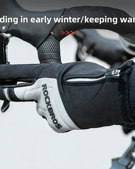 ROCKBROS Winter Warm Gloves Touch screen Cycling Gloves Full Finger MTB Bike Gloves Non Slip Silicone Palm Thermal Ski Gloves