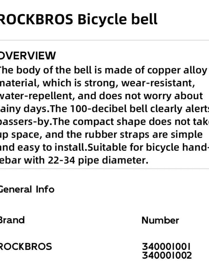 ROCKBROS Bicycle Bell Safety Warning Bike Bell Horn Handlebar Copper Alloy Non-slip Bicycle Alloy Ring Crisp Sound Cycling Alarm