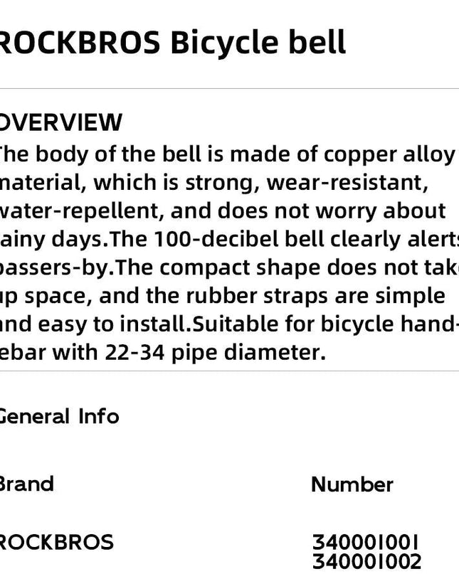 ROCKBROS Bicycle Bell Safety Warning Bike Bell Horn Handlebar Copper Alloy Non-slip Bicycle Alloy Ring Crisp Sound Cycling Alarm