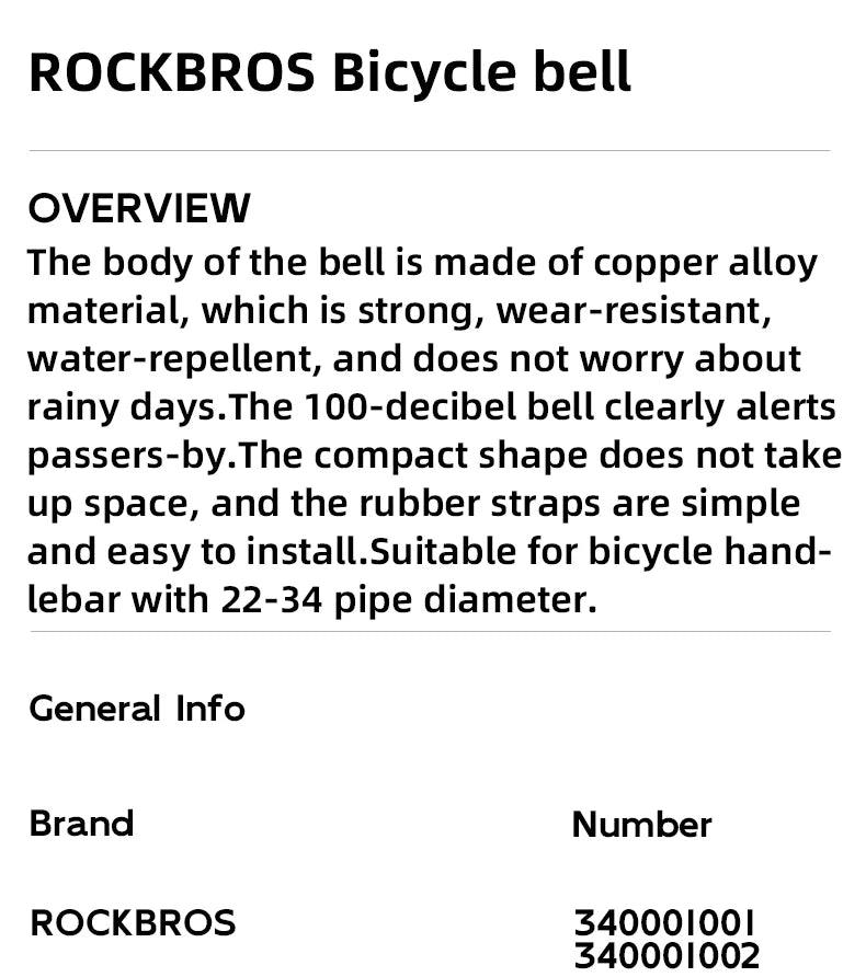 ROCKBROS Bicycle Bell Safety Warning Bike Bell Horn Handlebar Copper Alloy Non-slip Bicycle Alloy Ring Crisp Sound Cycling Alarm