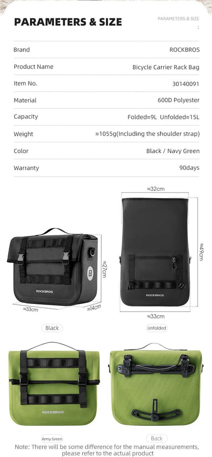 ROCKBROS 15L Multifunctional Saddle Bag Waterproof Cycling MTB Bike Rack Bag Travel Bag 3D support Big Capacity Bicycle Rear Bag