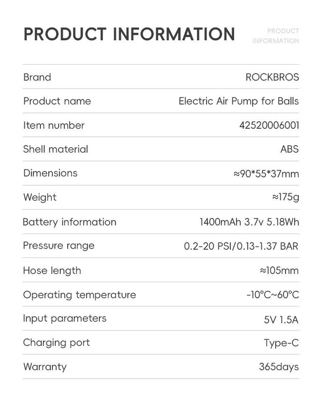 ROCKBROS Mini Electric Air Pump 20PSI Inflator for Balls Portable Type-C Rechargeable Inflator LED Digital Display Compressor