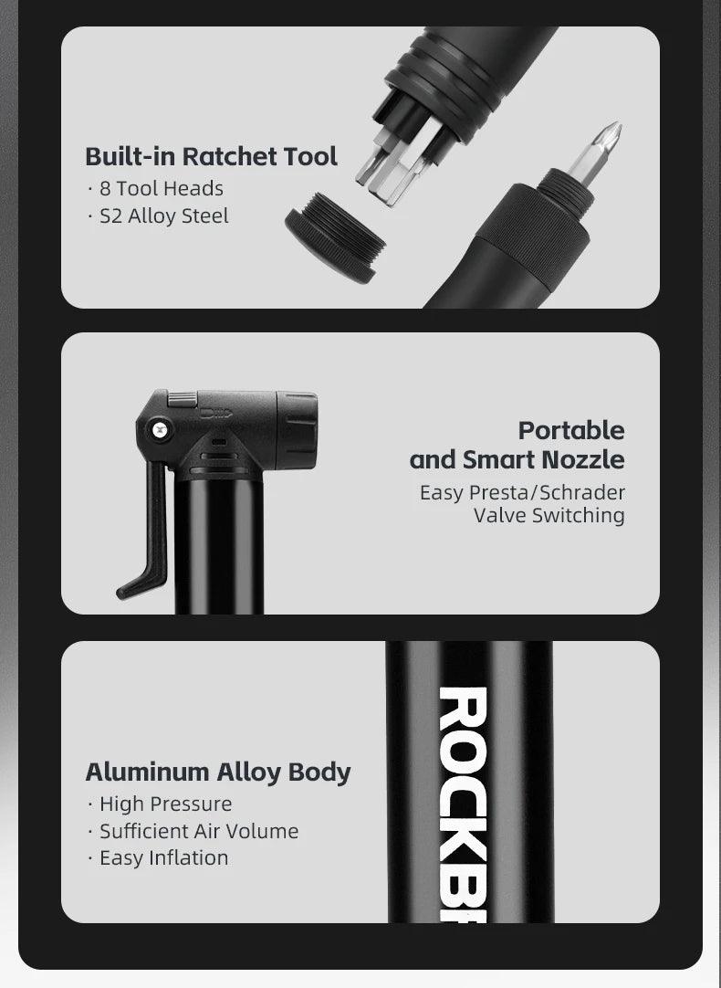 ROCKBROS Portable Pocket Pump With Ratchet 120PSI AV/FV Aluminum Alloy Ultralight Bicycle Tire Pump Inflator Cycling Tire Pump