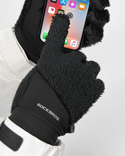 ROCKBROS Autumn Winter Ski Gloves Warm Windproof Gloves Cycling Snowboard Driving Double Layer Fleece-Lined Thickened Gloves