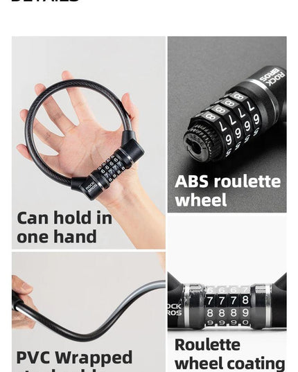 ROCKBROS Portable Bicycle Steel Cable Lock 4-Digit Password PVC Waterproof Dustproof Bike Lock Safety Lock MTB Road Accessories