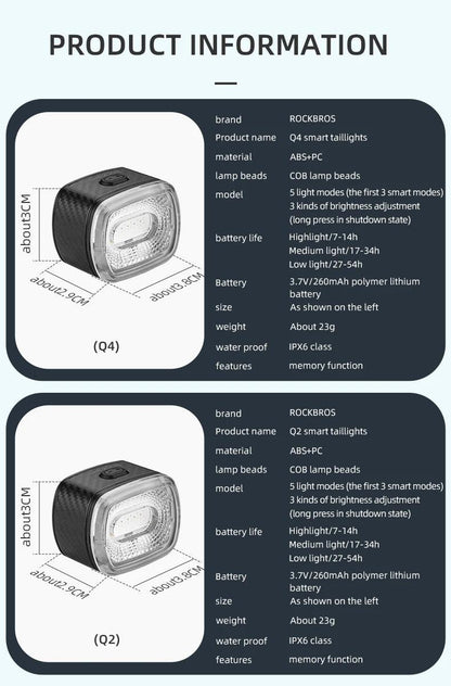 ROCKBROS Bicycle Rear Light Smart Auto Brake Sensing USB Bike Light IPX6 LED Taillight MTB Road Rechargeable Cycling Accessories