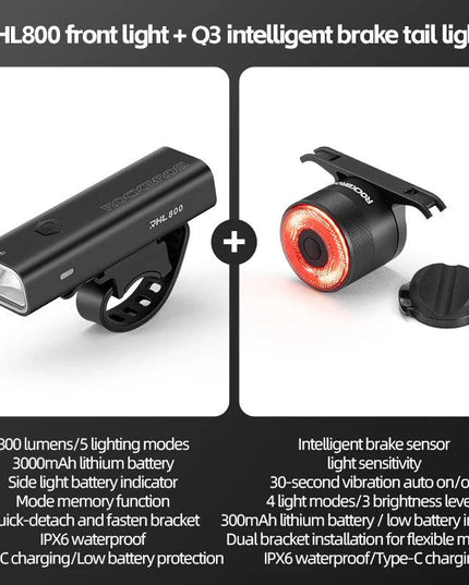 ROCKBROS Bike Light Waterproof Type-C Rechargeable Bicycle Headlight 200M Range Flashlight With Tail light Cycling Accessory