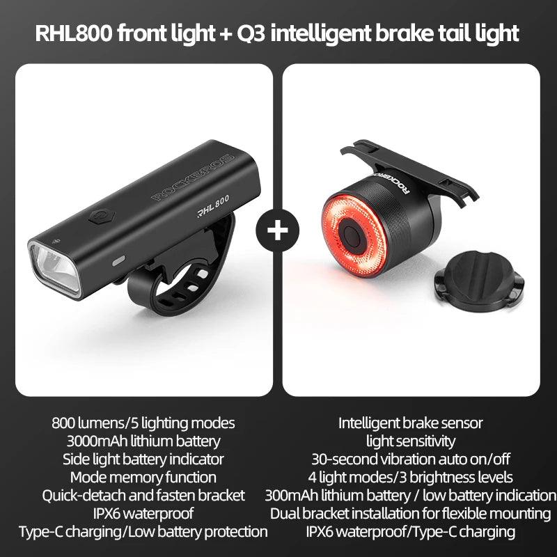 ROCKBROS Bike Light Waterproof Type-C Rechargeable Bicycle Headlight 200M Range Flashlight With Tail light Cycling Accessory