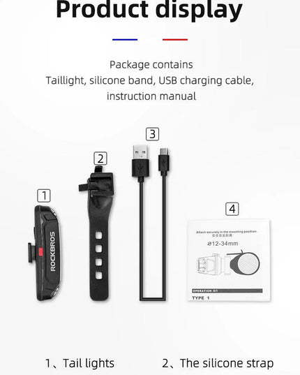 ROCKBROS Bicycle Light Waterproof Bike Taillight LED USB Rechargable Safety Back Light Riding Warning Saddle Bike Rear Light