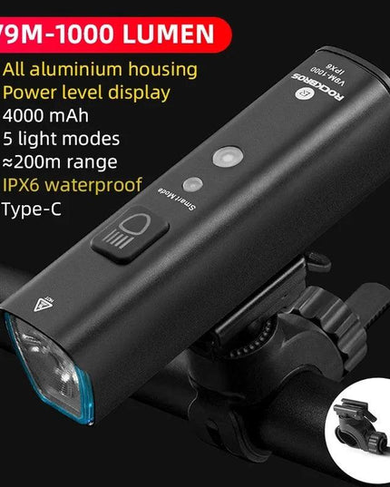 ROCKBROS 1000Lumen Bike Light Smart Vibration Sensing Bike Lamp 5Modes Bicycle Headlight LED Flashlight Lantern Bike Accessories