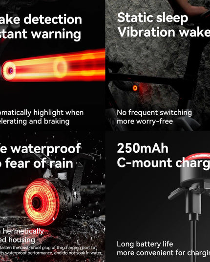 ROCKBROS Bicycle  Bar End Light Rear Light IPX6 Bike Lamp 5 modes Intelligent Brake Sensor Safety Light for Night Riding