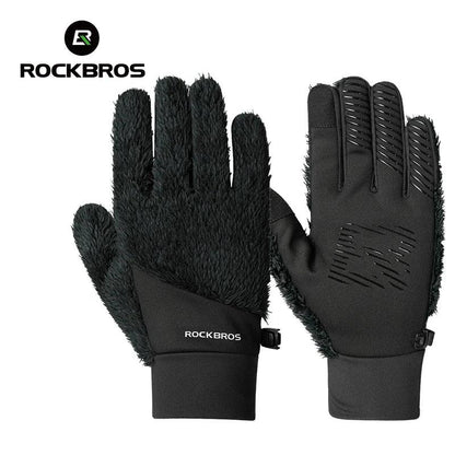 ROCKBROS Autumn Winter Ski Gloves Warm Windproof Gloves Cycling Snowboard Driving Double Layer Fleece-Lined Thickened Gloves