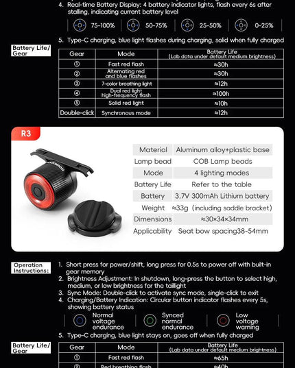 ROCKBROS BicycleTaillight Smart Brake Sensing Day/Night Sensing Waterproof Type-C Cycling Taillight Bike Accessories R Series