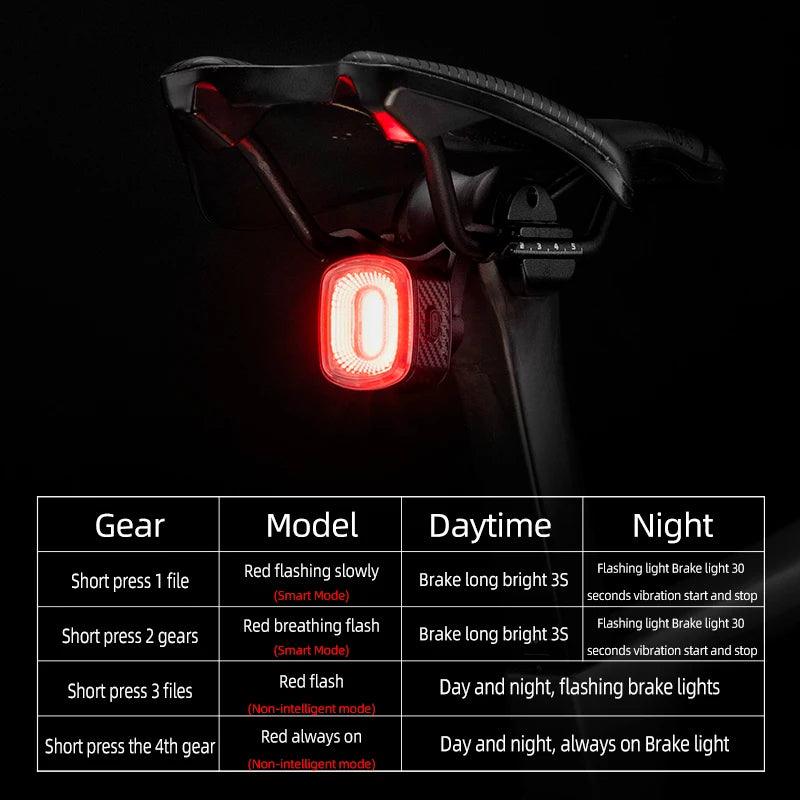 ROCKBROS Smart Bicycle Brake Light IPx6 Taillight Type-C Bike Tail Rear Light Auto Stop LED Riding Warning Safety Cycling Light