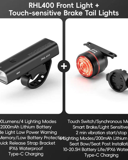 ROCKBROS Bike Light Set MTB Road Cycling Light Waterproof 200LM/400LM Bicycle Headlight + Smart Rear Light Auto Brake Sensing