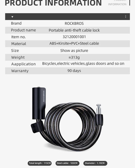 ROCKBROS Bicycle Lock Portable Anti-theft Zinc Alloy Multifunctional Cable Lock MTB Road Cycling Motorcycle Bike Accessories