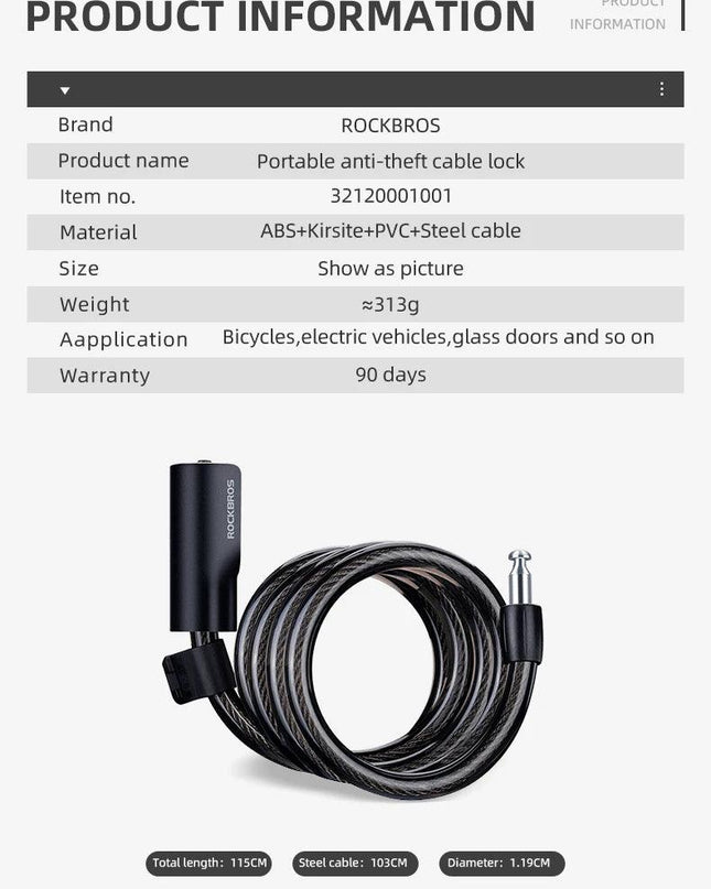 ROCKBROS Bicycle Lock Portable Anti-theft Zinc Alloy Multifunctional Cable Lock MTB Road Cycling Motorcycle Bike Accessories