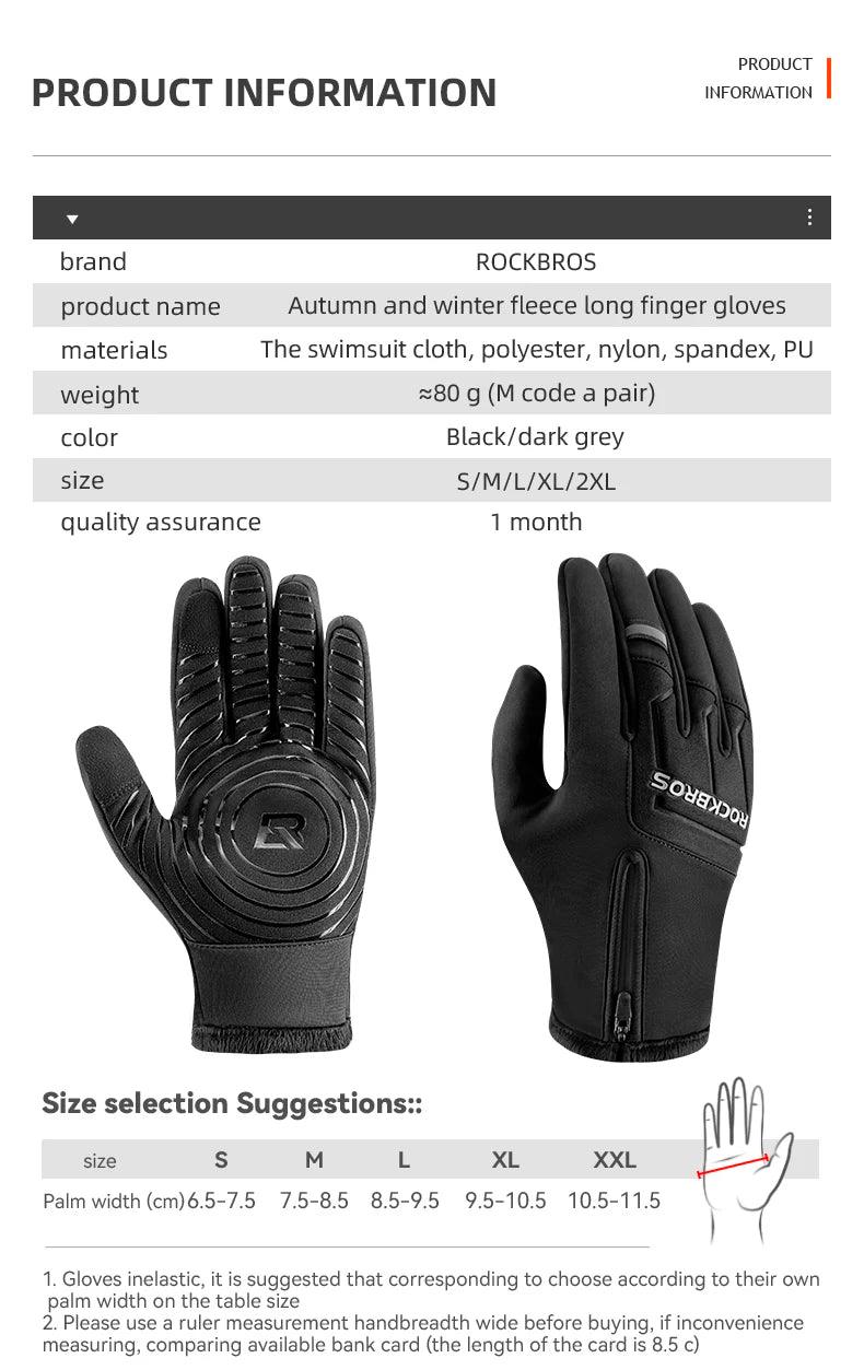 ROCKBROS Winter Warm Gloves Touch screen Cycling Gloves Full Finger MTB Bike Gloves Non Slip Silicone Palm Thermal Ski Gloves