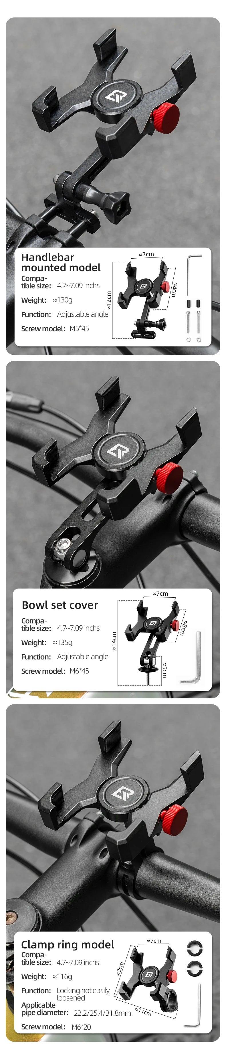 ROCKBROS Bike Phone Holder Aluminum Alloy Material Bracket Anti-slip Cushioning Pads 4.7-7.09 inch Mobile Phone Stand Shockproof