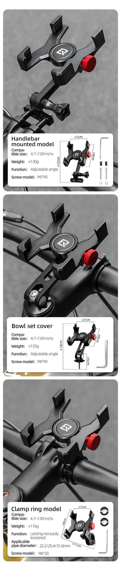 ROCKBROS Bike Phone Holder Aluminum Alloy Material Bracket Anti-slip Cushioning Pads 4.7-7.09 inch Mobile Phone Stand Shockproof